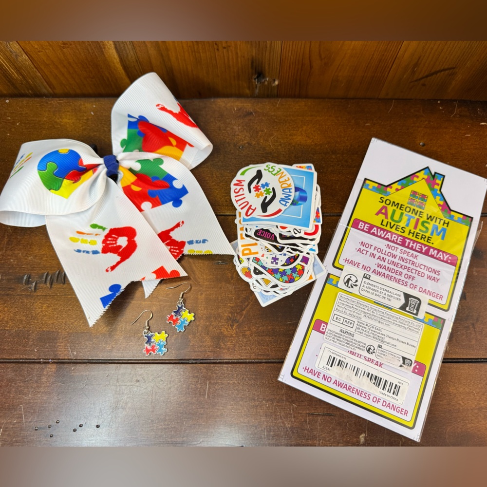 Autism Awareness Bundle Set Hair Bow Stickers Earrings Window Sign